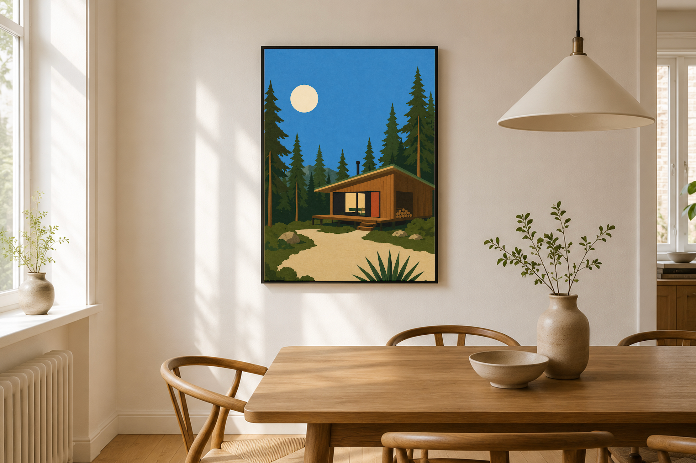 Moonlight Cabin — Mid-Century Modern Poster