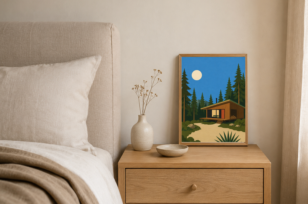 Moonlight Cabin — Mid-Century Modern Poster