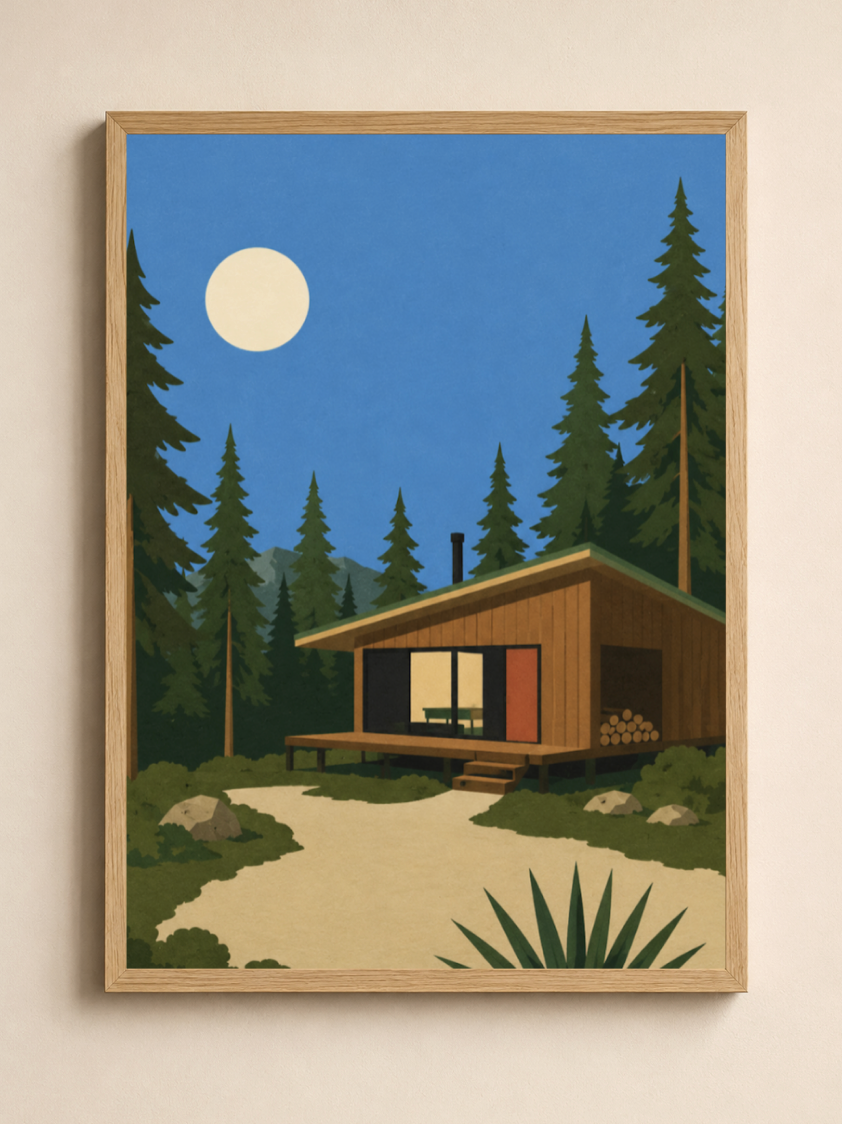 Moonlight Cabin — Mid-Century Modern Poster