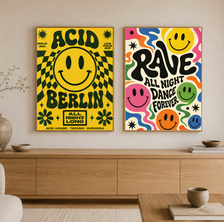 Berlin Psychedelic Poster | Retro Smiley Face Rave Wall Art Print