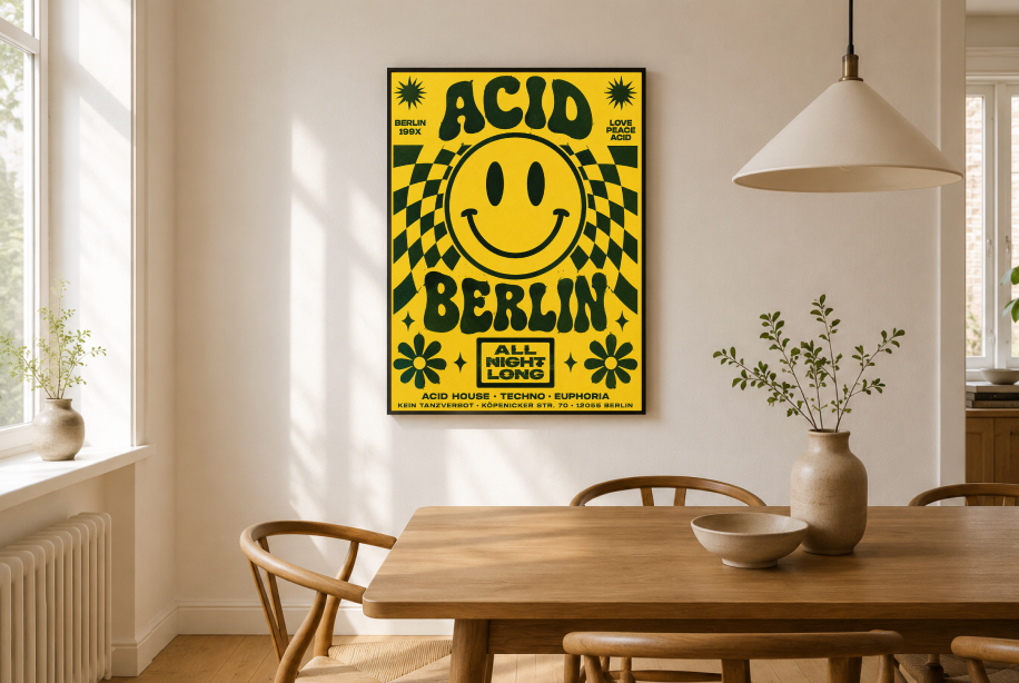 Berlin Psychedelic Poster | Retro Smiley Face Rave Wall Art Print