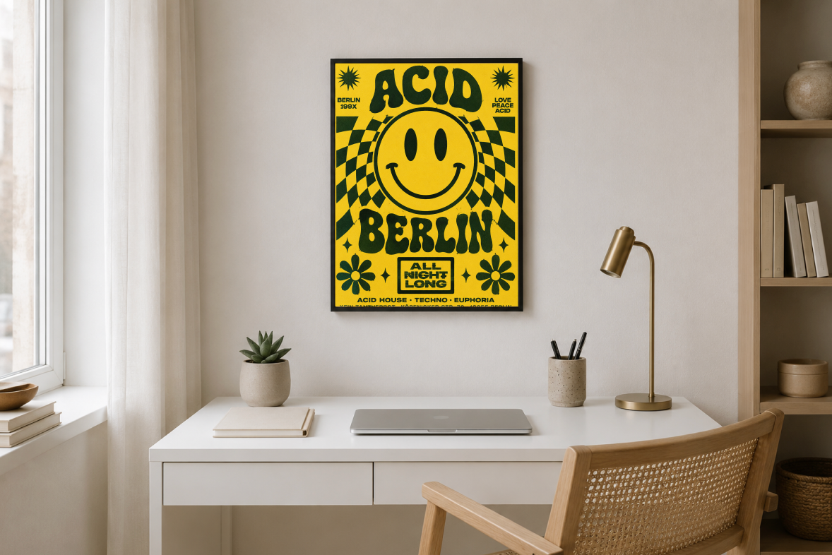 Berlin Psychedelic Poster | Retro Smiley Face Rave Wall Art Print