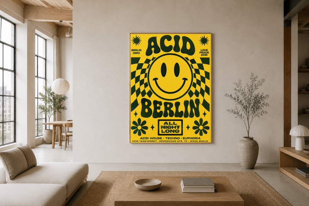 Berlin Psychedelic Poster | Retro Smiley Face Rave Wall Art Print
