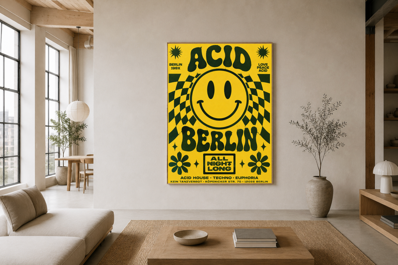 Berlin Psychedelic Poster | Retro Smiley Face Rave Wall Art Print