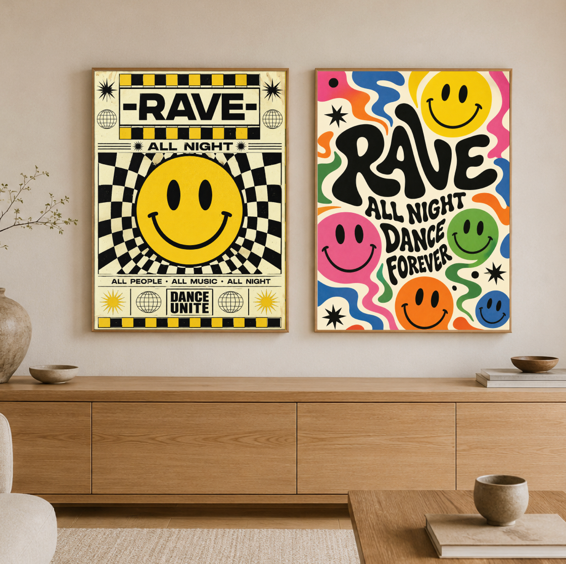 Rave All Night Poster | Retro Smiley Face Techno Wall Art Print