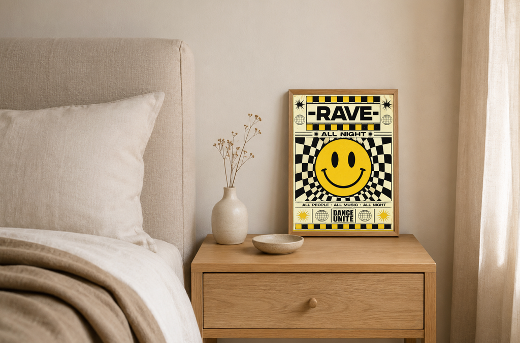 Rave All Night Poster | Retro Smiley Face Techno Wall Art Print