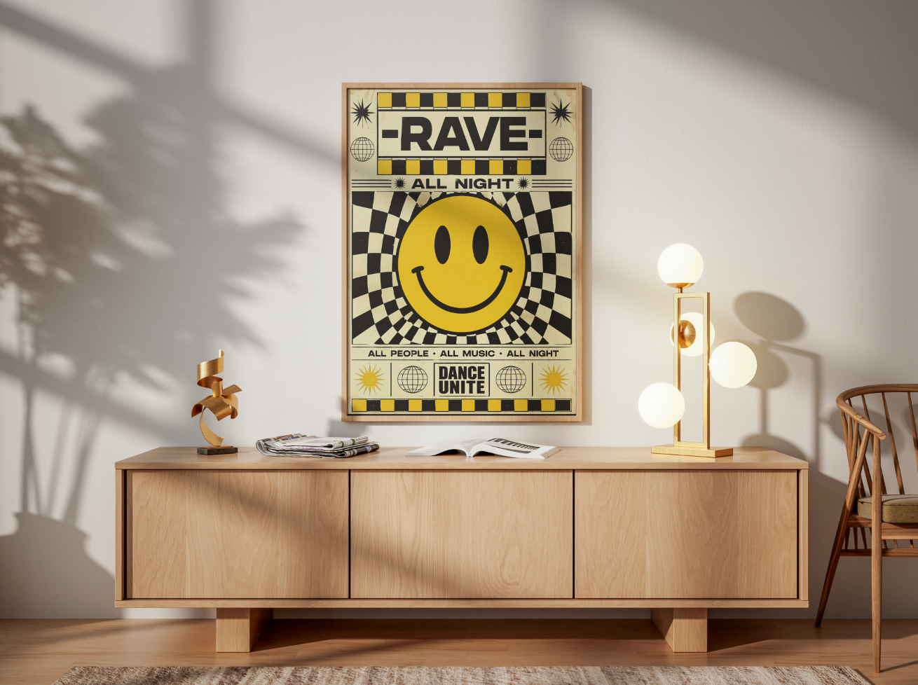 Rave All Night Poster | Retro Smiley Face Techno Wall Art Print