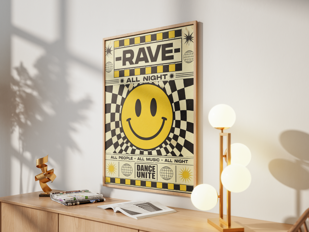 Rave All Night Poster | Retro Smiley Face Techno Wall Art Print