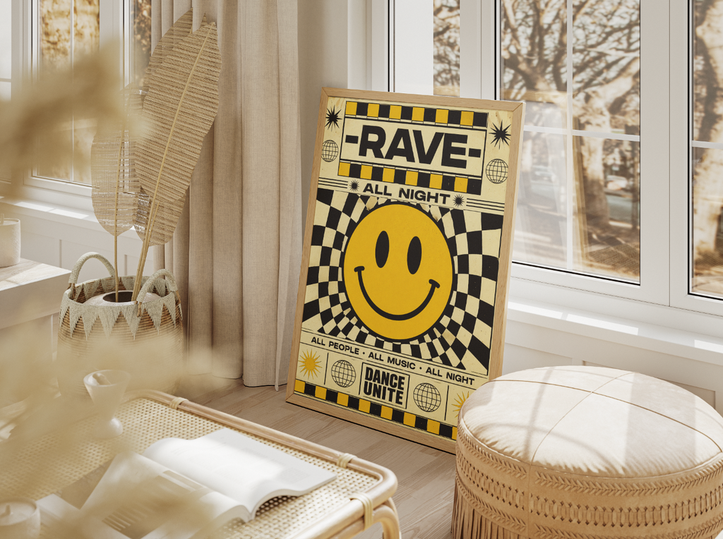 Rave All Night Poster | Retro Smiley Face Techno Wall Art Print