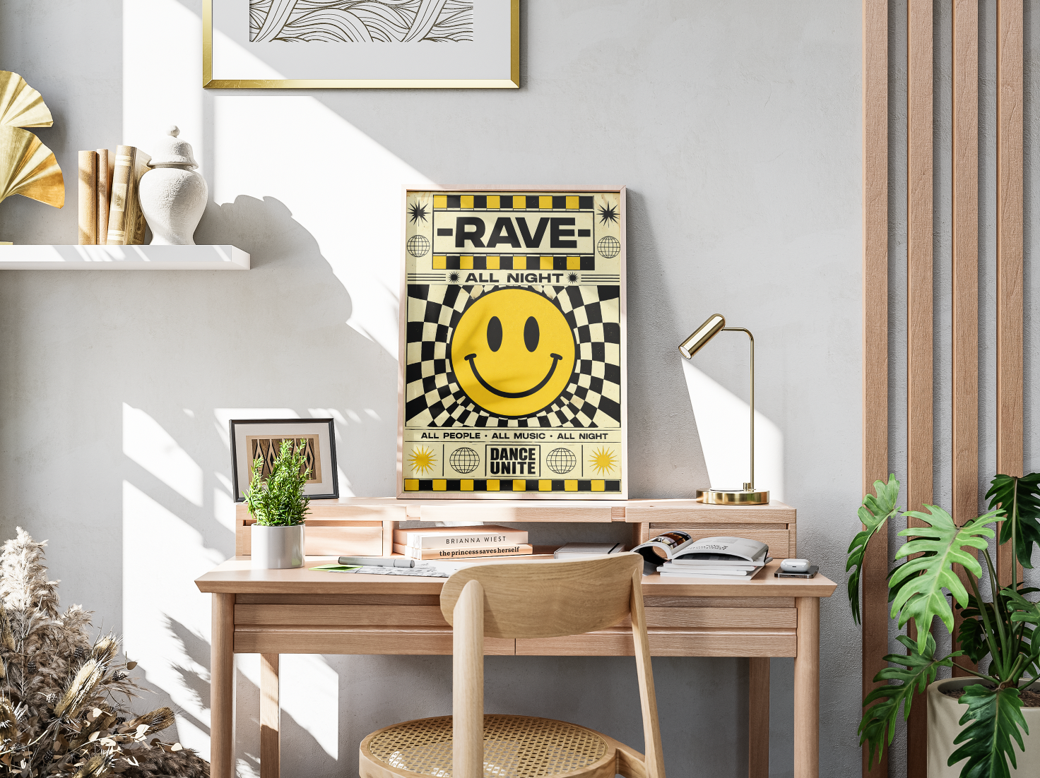 Rave All Night Poster | Retro Smiley Face Techno Wall Art Print