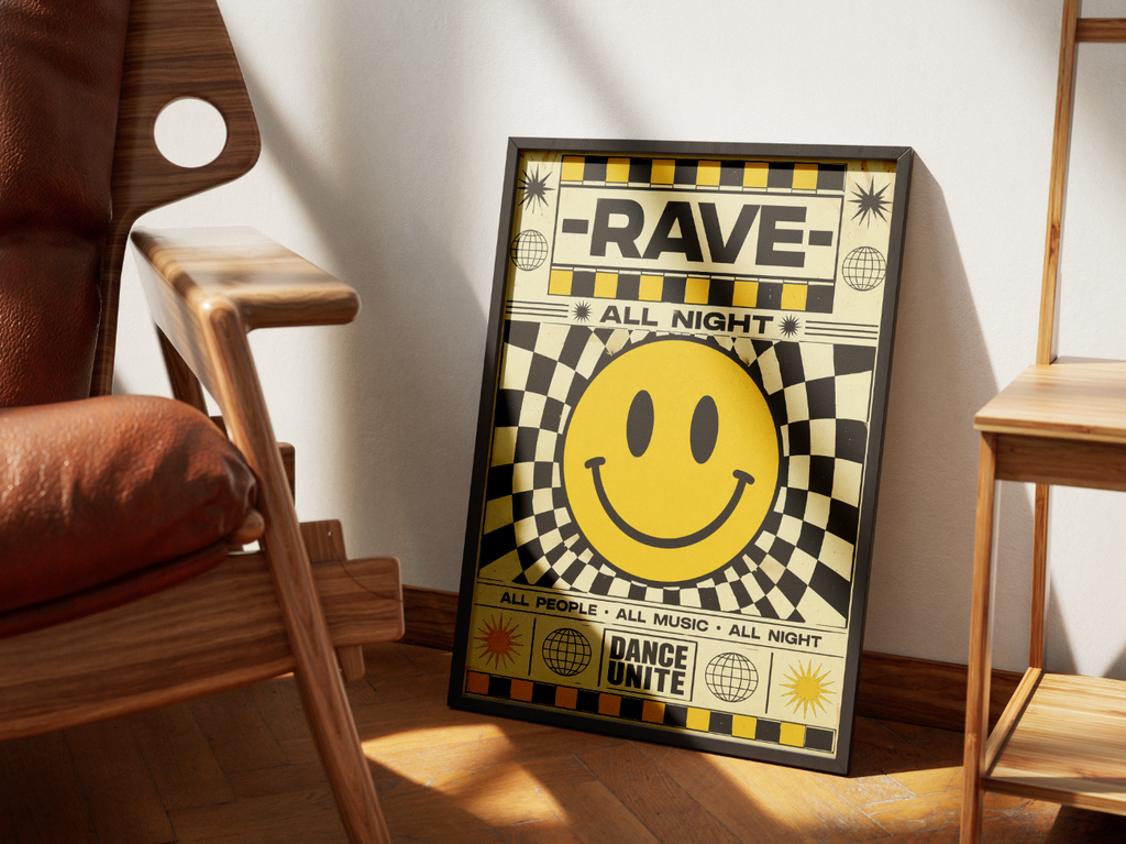 Rave All Night Poster | Retro Smiley Face Techno Wall Art Print