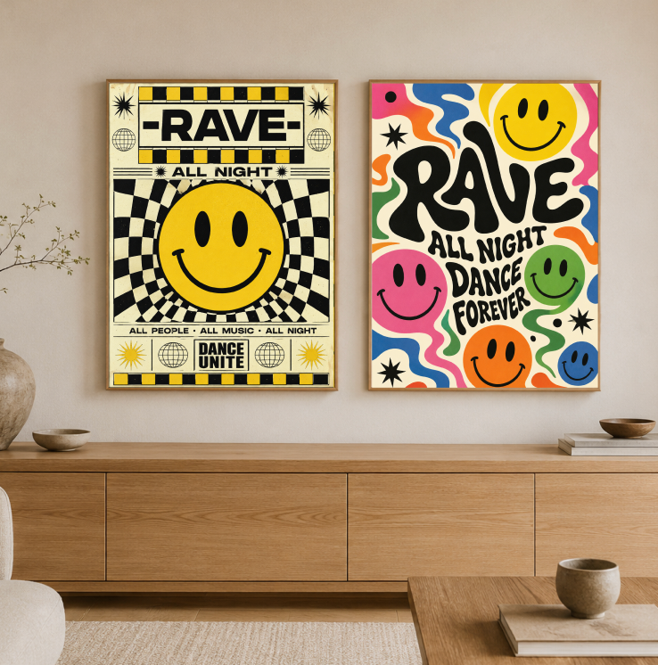 Rave All Night Dance Forever Poster | Colorful Smiley Face Wall Art Print