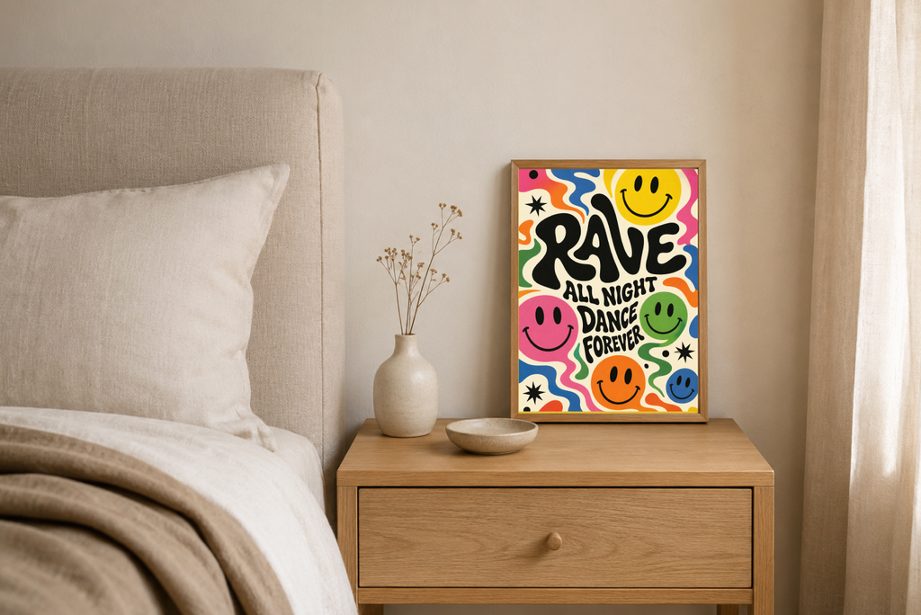 Rave All Night Dance Forever Poster | Colorful Smiley Face Wall Art Print