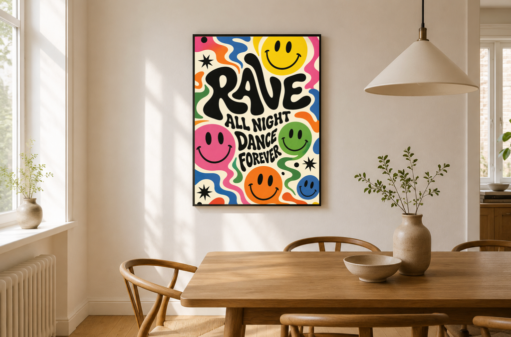 Rave All Night Dance Forever Poster | Colorful Smiley Face Wall Art Print
