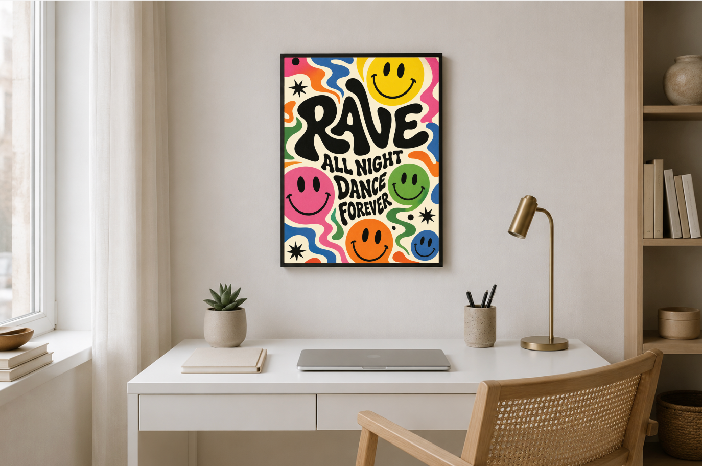 Rave All Night Dance Forever Poster | Colorful Smiley Face Wall Art Print