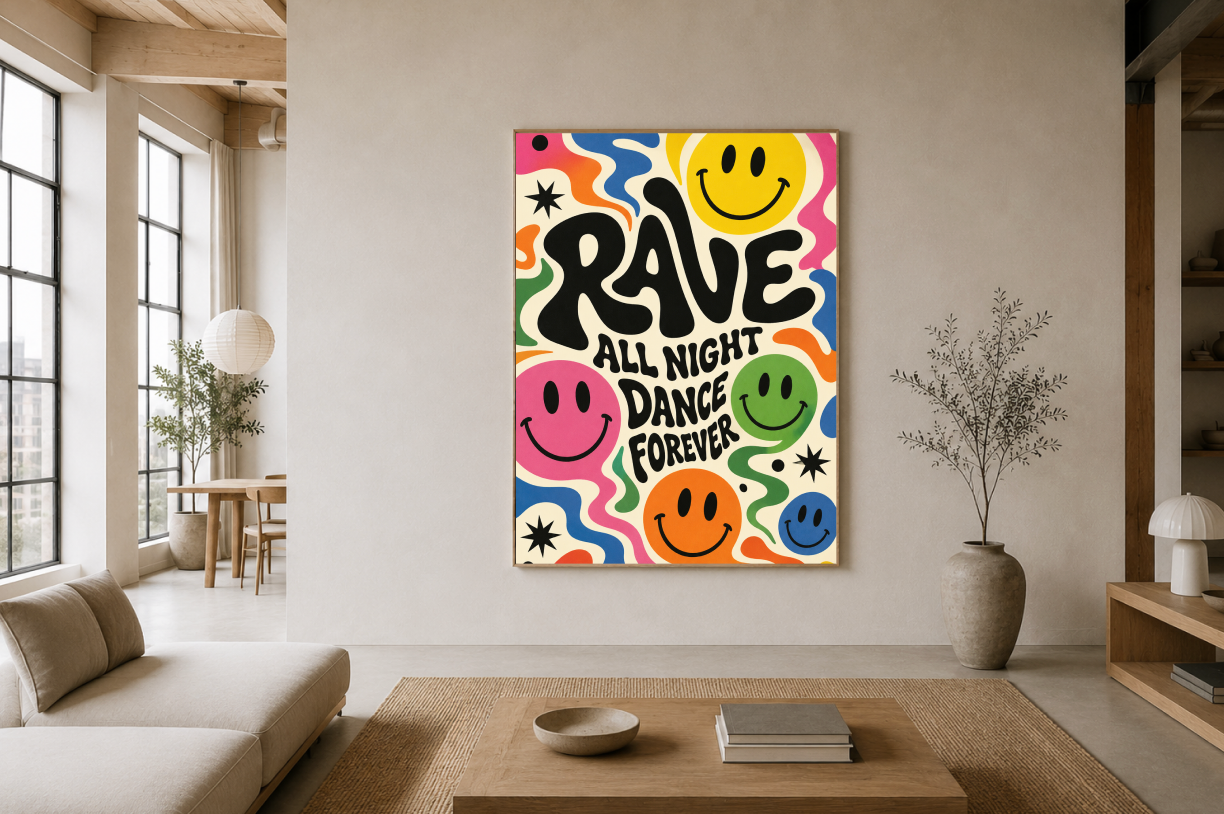 Rave All Night Dance Forever Poster | Colorful Smiley Face Wall Art Print