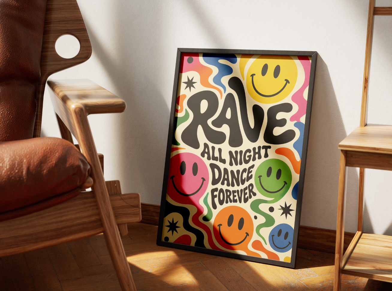 Rave All Night Dance Forever Poster | Colorful Smiley Face Wall Art Print