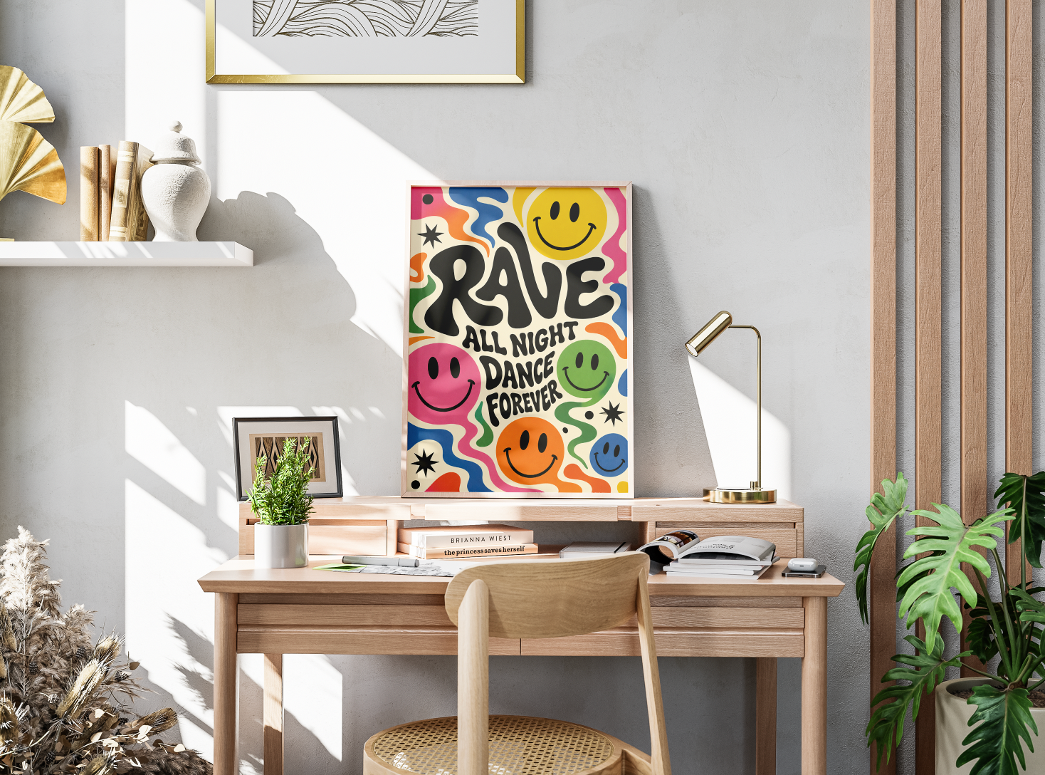 Rave All Night Dance Forever Poster | Colorful Smiley Face Wall Art Print