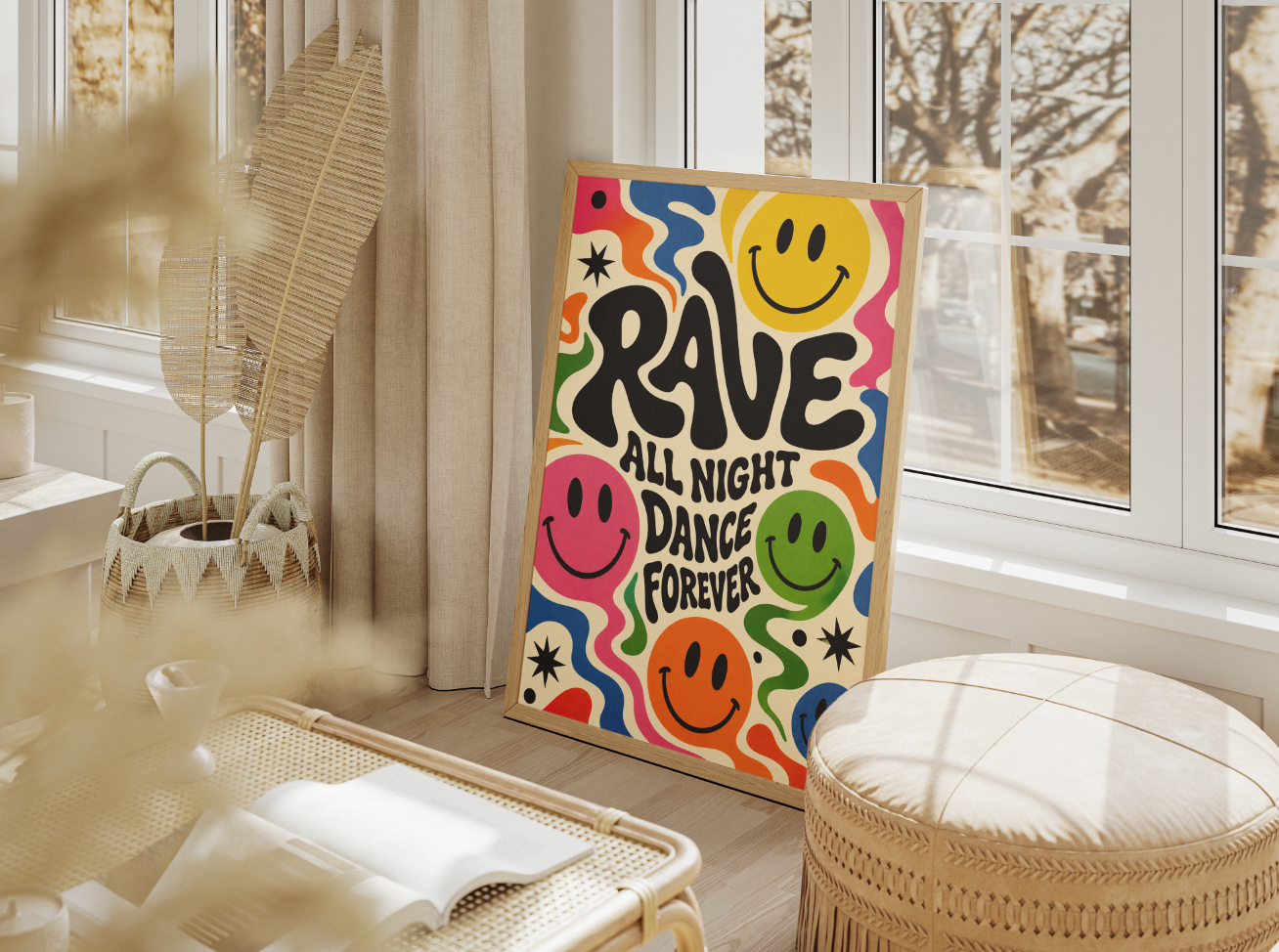 Rave All Night Dance Forever Poster | Colorful Smiley Face Wall Art Print