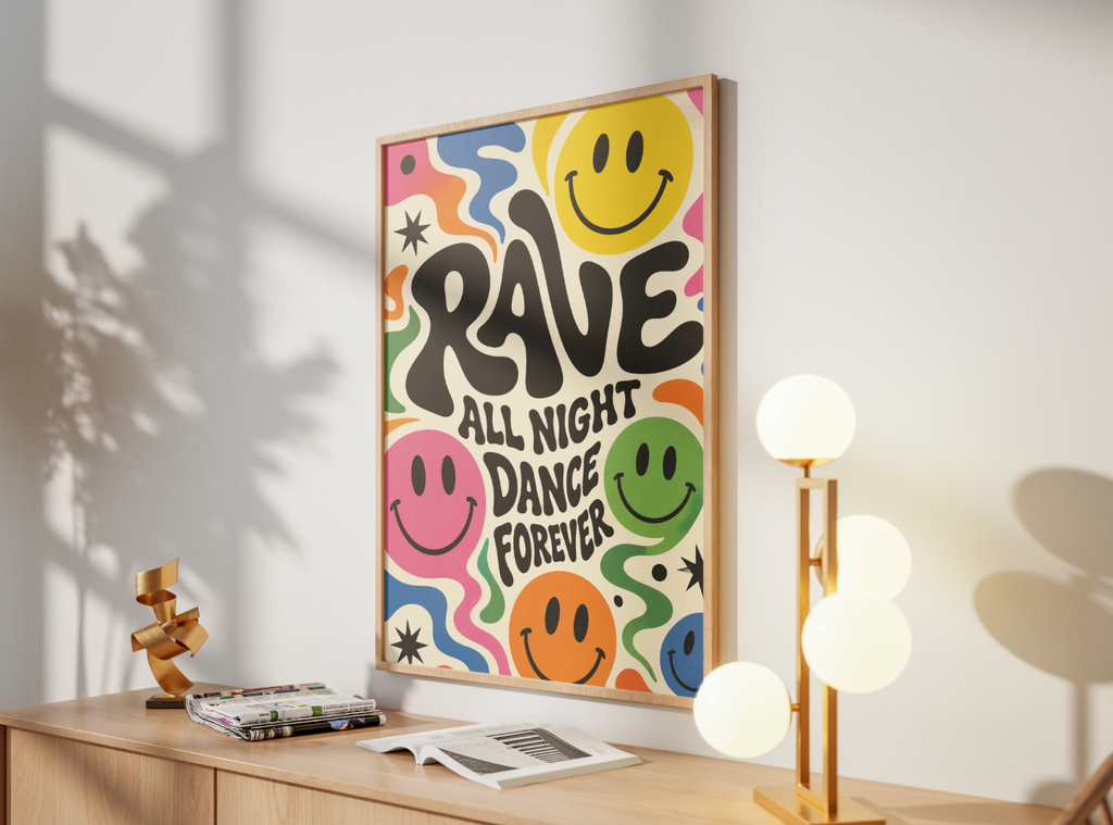 Rave All Night Dance Forever Poster | Colorful Smiley Face Wall Art Print