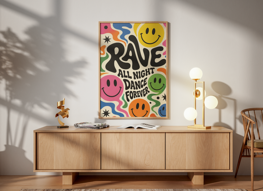 Rave All Night Dance Forever Poster | Colorful Smiley Face Wall Art Print