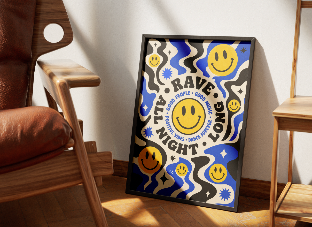 Rave All Night Long Poster | Smiley Face Psychedelic Wall Art Print