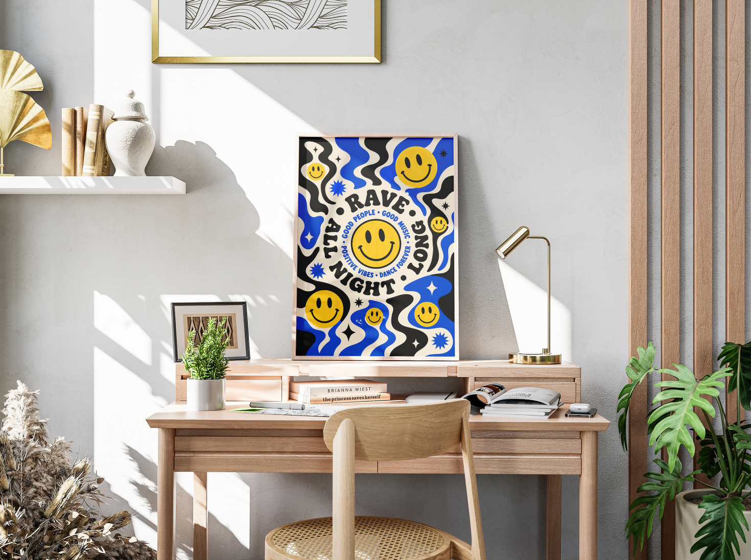 Rave All Night Long Poster | Smiley Face Psychedelic Wall Art Print