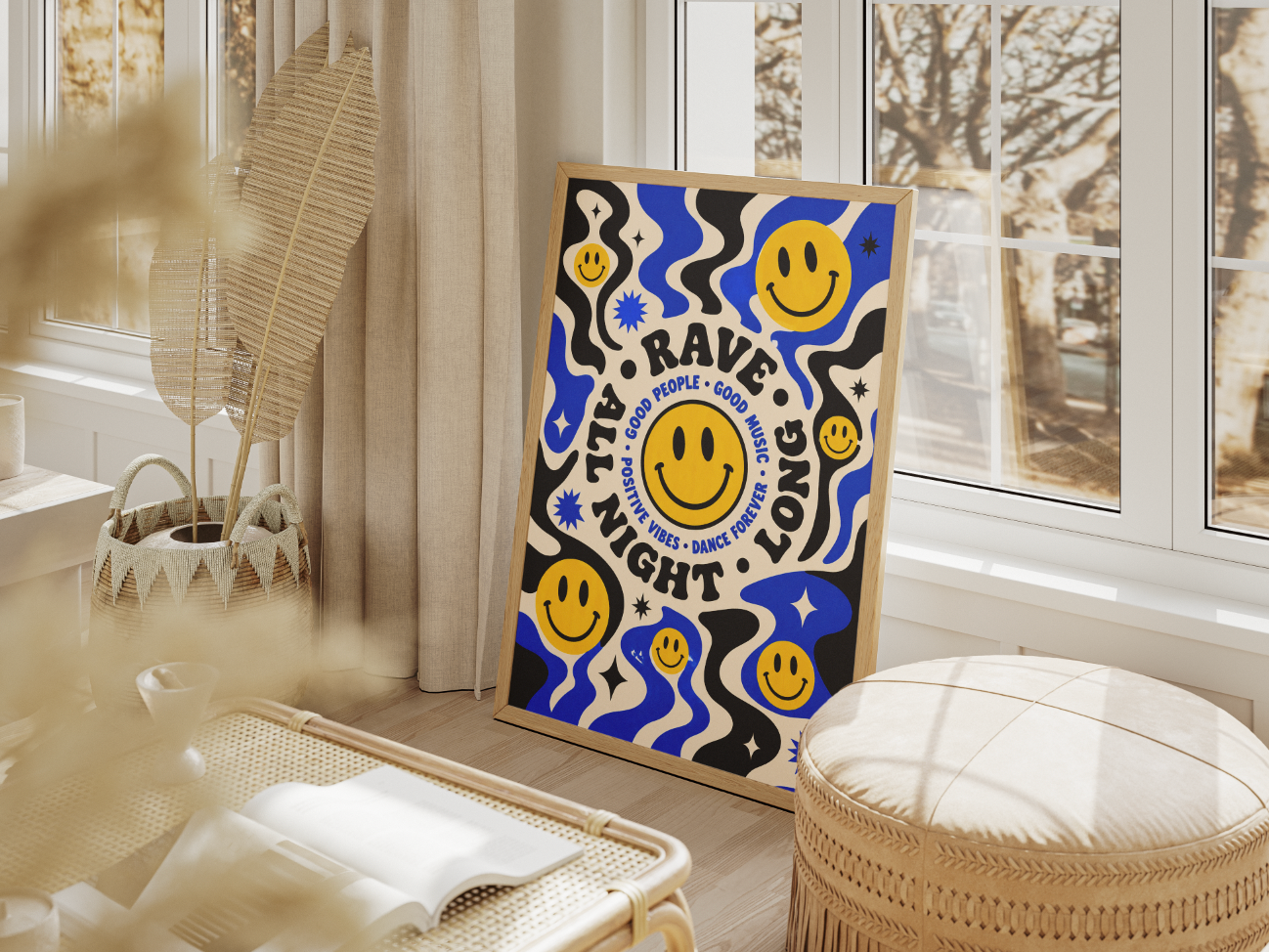 Rave All Night Long Poster | Smiley Face Psychedelic Wall Art Print