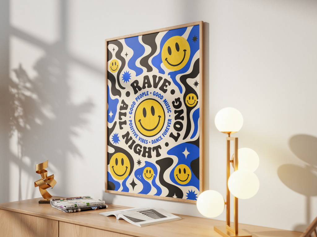 Rave All Night Long Poster | Smiley Face Psychedelic Wall Art Print