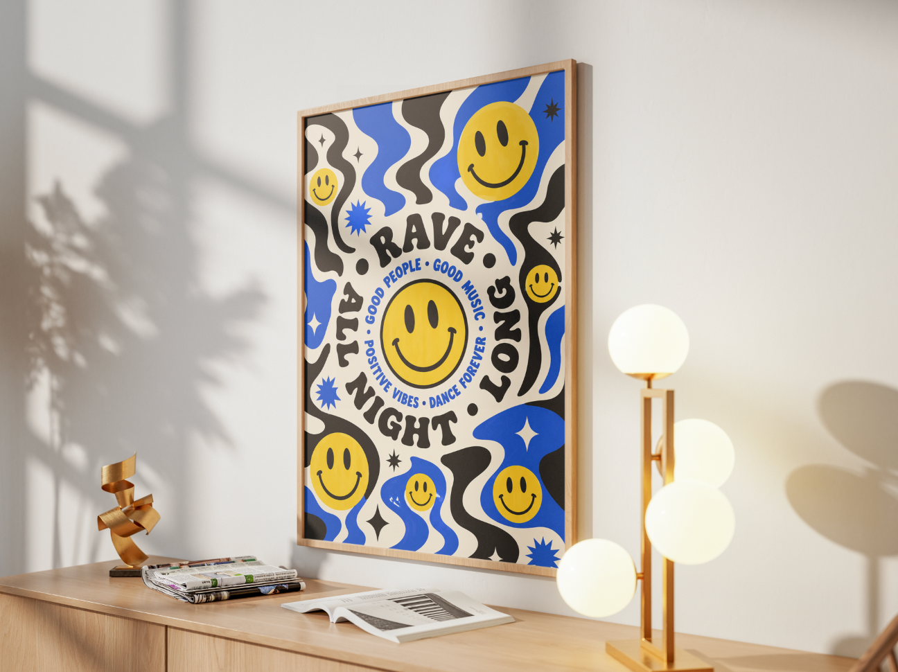 Rave All Night Long Poster | Smiley Face Psychedelic Wall Art Print