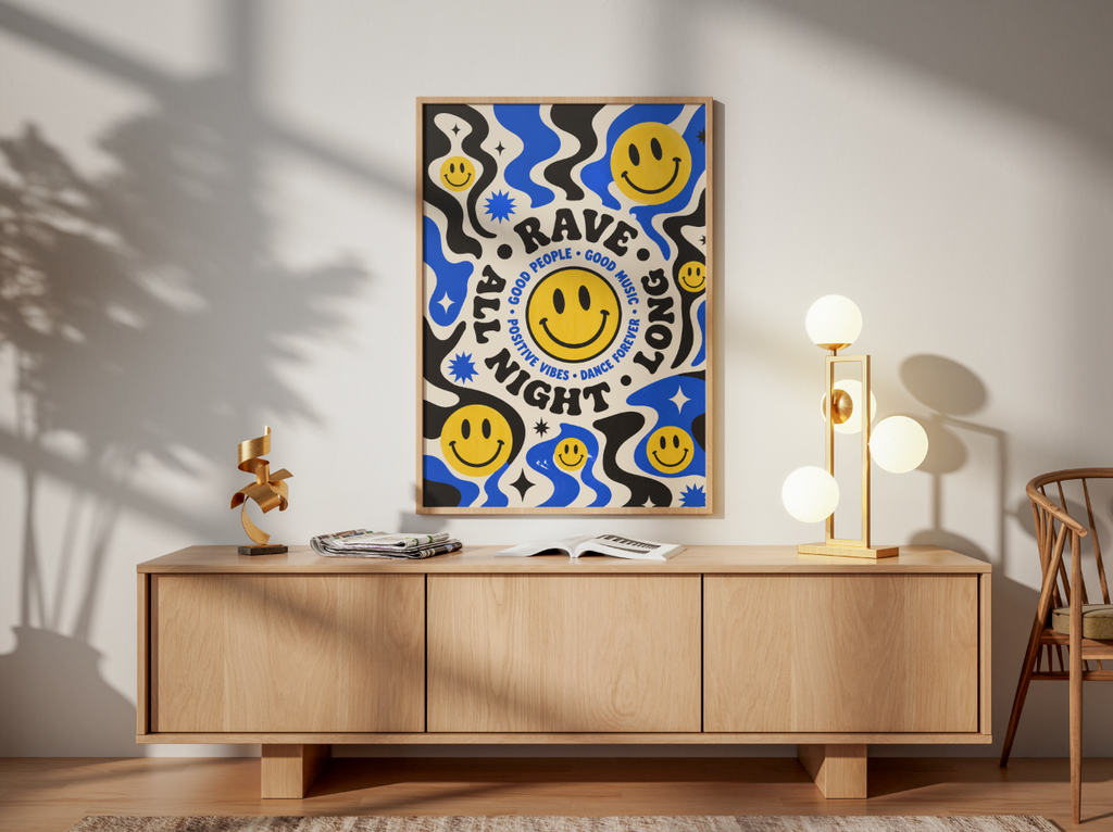 Rave All Night Long Poster | Smiley Face Psychedelic Wall Art Print