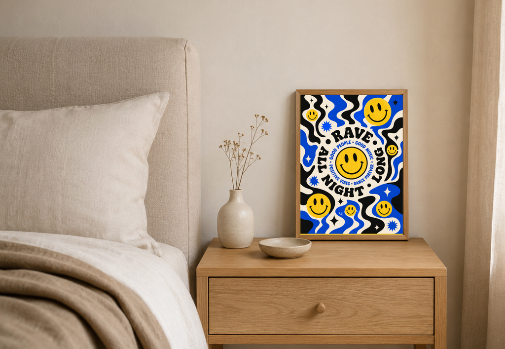 Rave All Night Long Poster | Smiley Face Psychedelic Wall Art Print