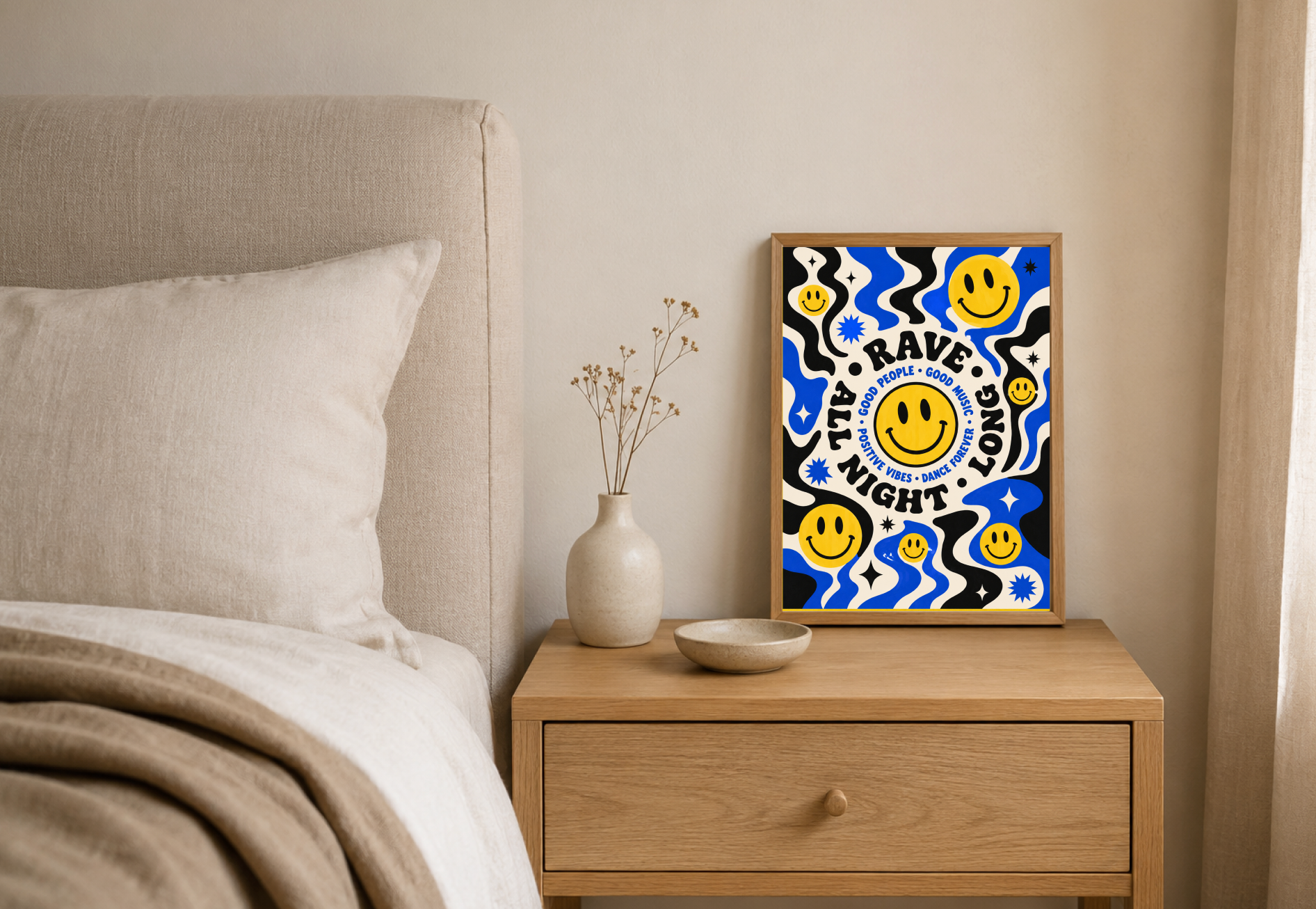 Rave All Night Long Poster | Smiley Face Psychedelic Wall Art Print