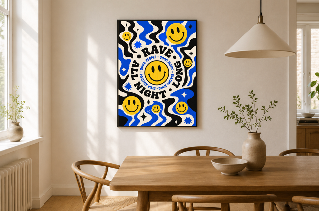 Rave All Night Long Poster | Smiley Face Psychedelic Wall Art Print