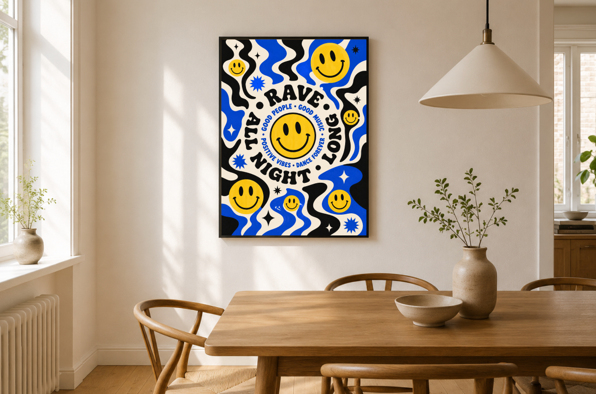 Rave All Night Long Poster | Smiley Face Psychedelic Wall Art Print