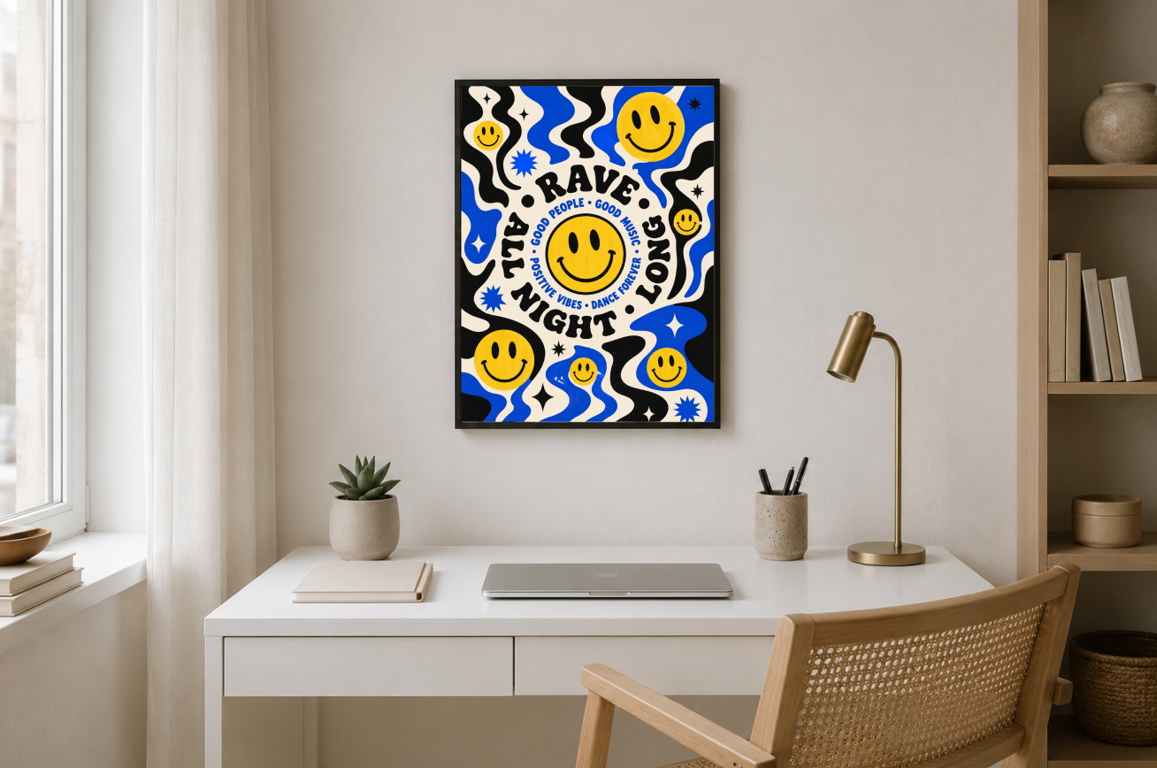 Rave All Night Long Poster | Smiley Face Psychedelic Wall Art Print