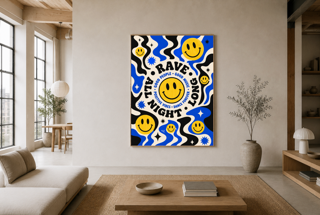 Rave All Night Long Poster | Smiley Face Psychedelic Wall Art Print