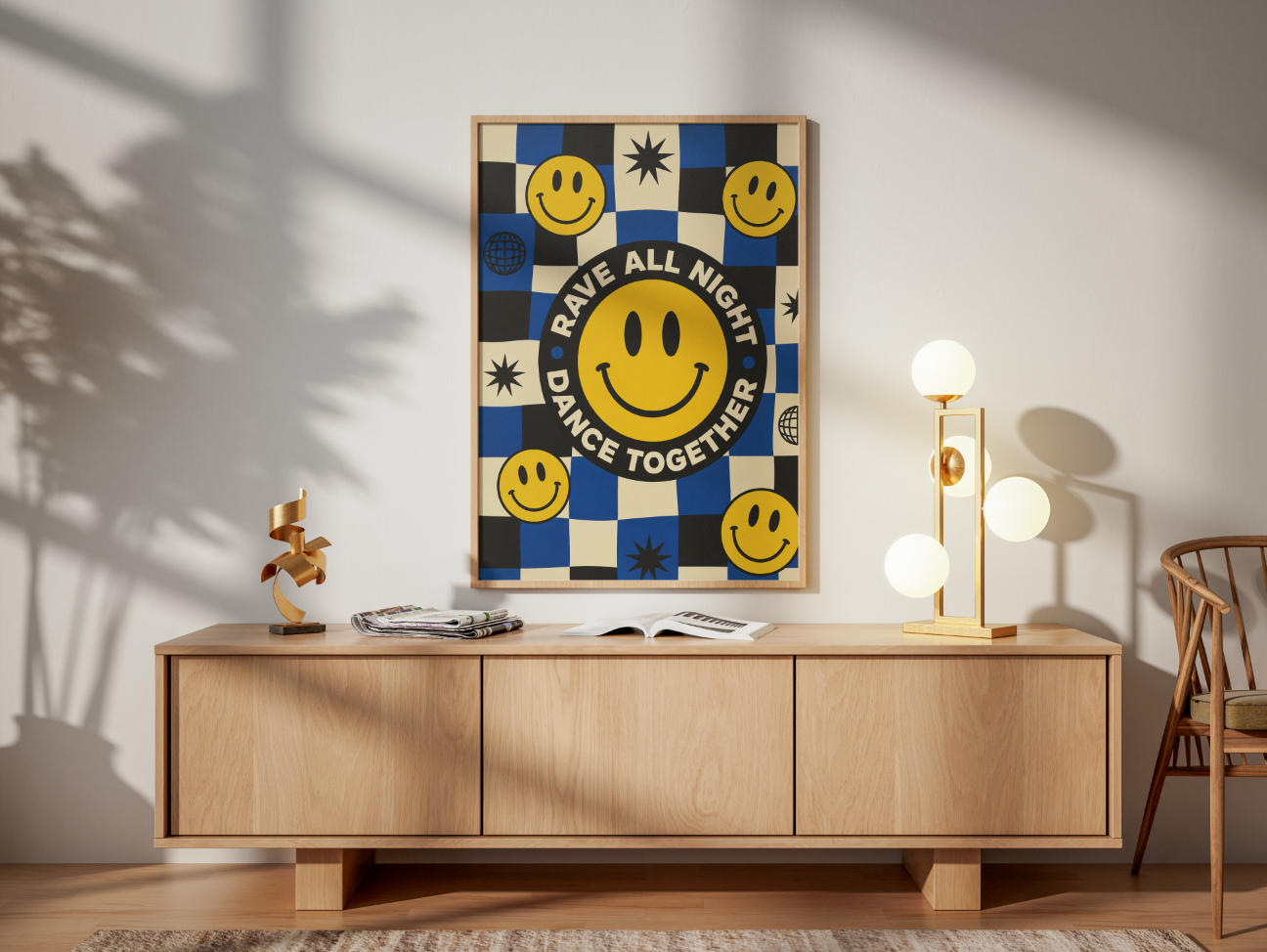 Rave All Night Dance Together Poster | Smiley Face Retro Wall Art Print