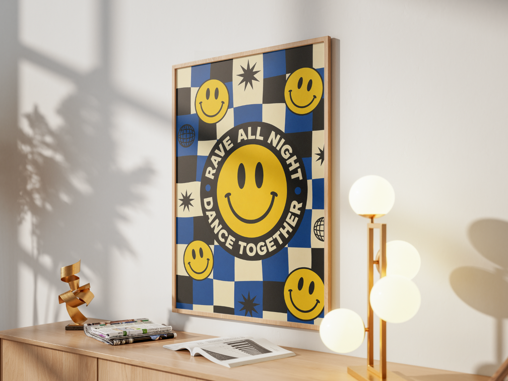 Rave All Night Dance Together Poster | Smiley Face Retro Wall Art Print