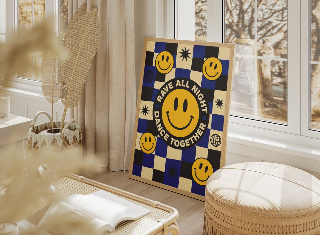 Rave All Night Dance Together Poster | Smiley Face Retro Wall Art Print