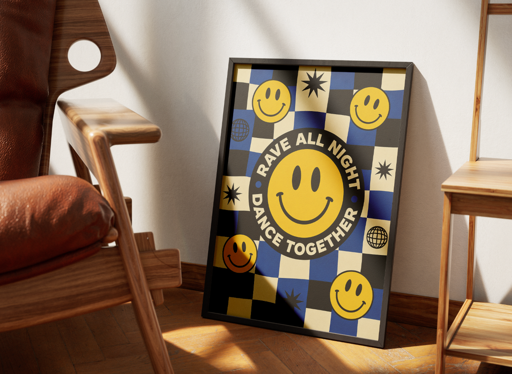 Rave All Night Dance Together Poster | Smiley Face Retro Wall Art Print