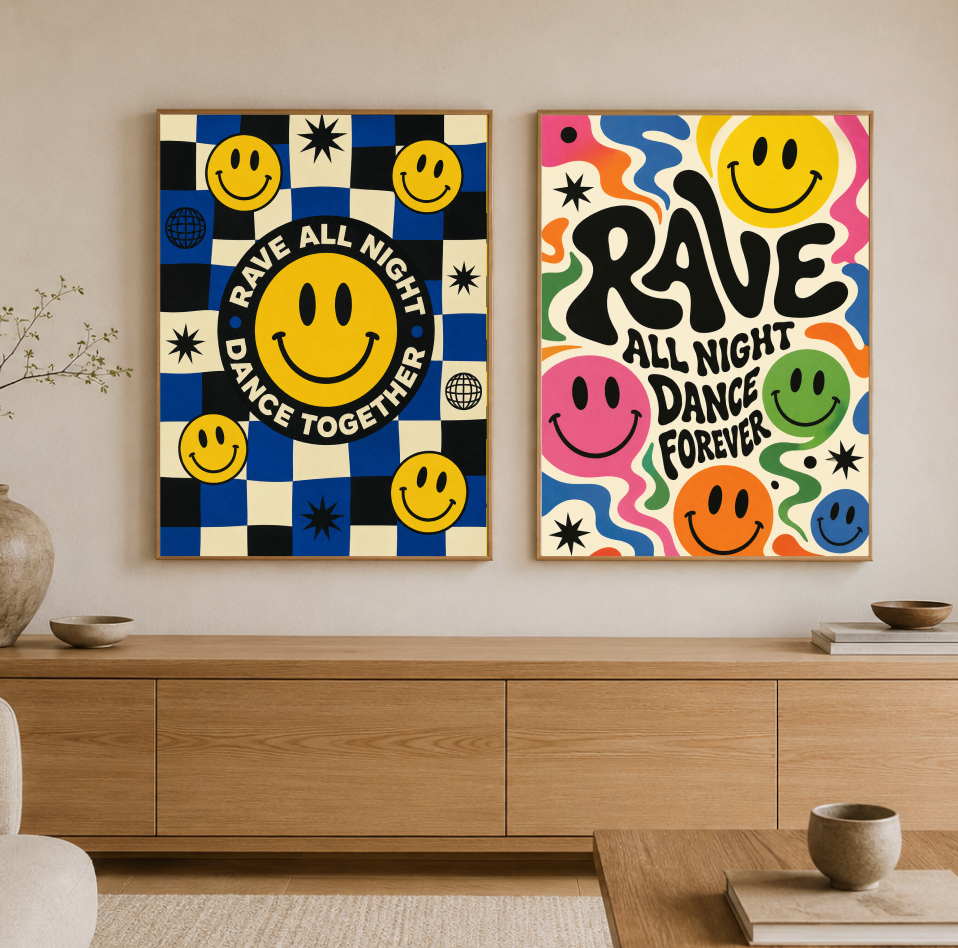 Rave All Night Dance Together Poster | Smiley Face Retro Wall Art Print
