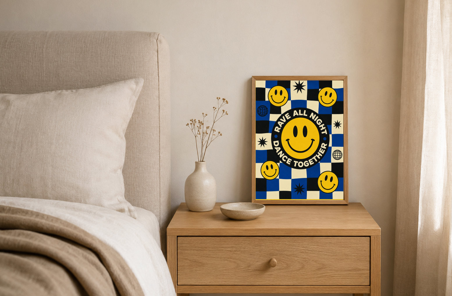 Rave All Night Dance Together Poster | Smiley Face Retro Wall Art Print
