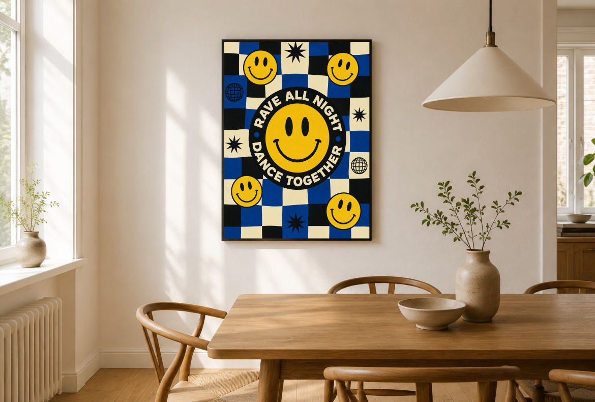Rave All Night Dance Together Poster | Smiley Face Retro Wall Art Print
