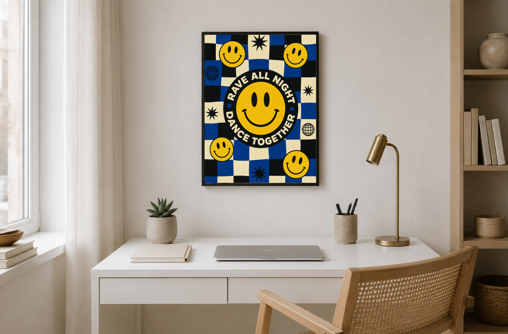 Rave All Night Dance Together Poster | Smiley Face Retro Wall Art Print