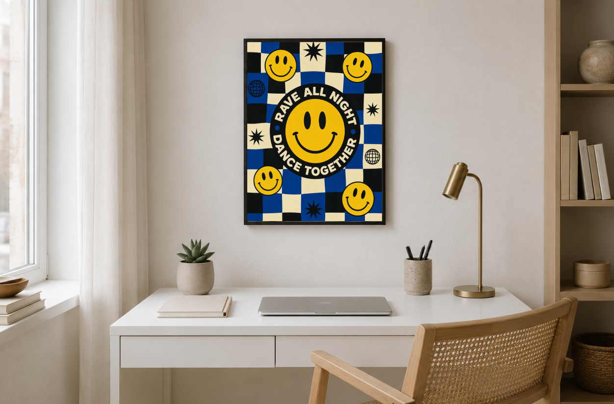 Rave All Night Dance Together Poster | Smiley Face Retro Wall Art Print