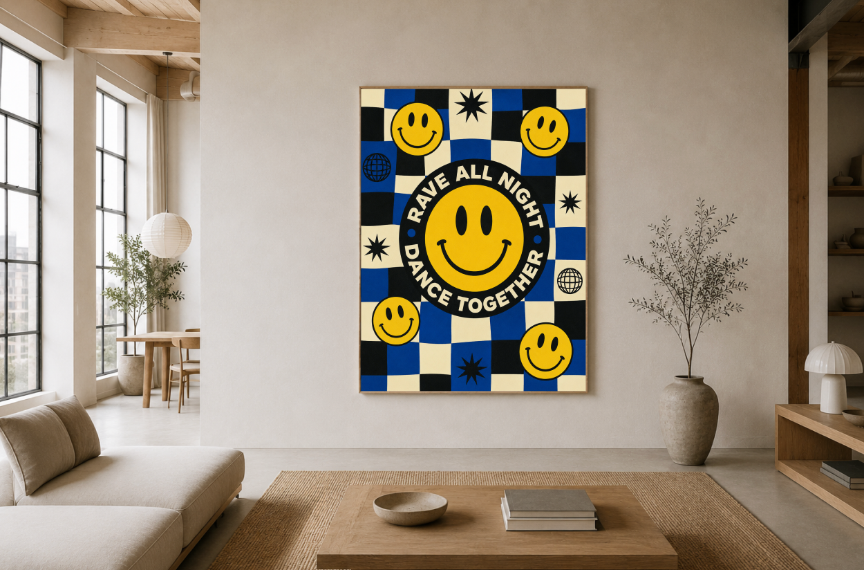 Rave All Night Dance Together Poster | Smiley Face Retro Wall Art Print