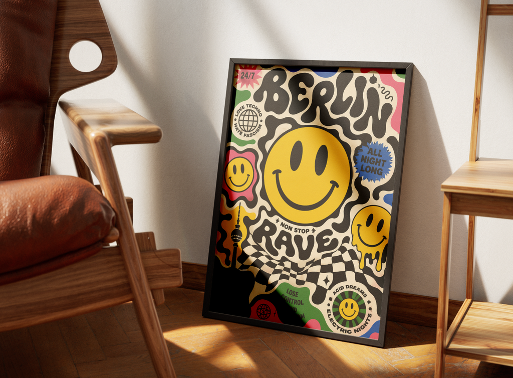 Berlin Rave Poster – Smiley Face Techno Wall Art | Acid House & Club Culture Print