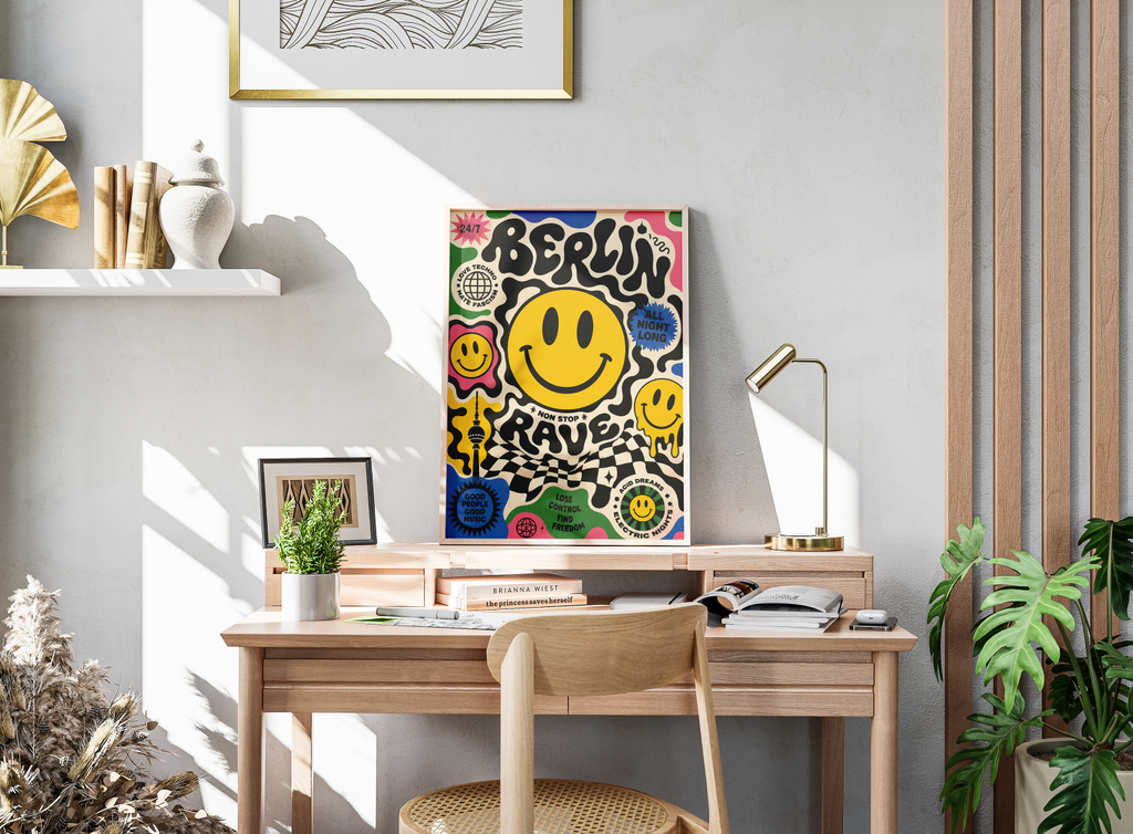 Berlin Rave Poster – Smiley Face Techno Wall Art | Acid House & Club Culture Print