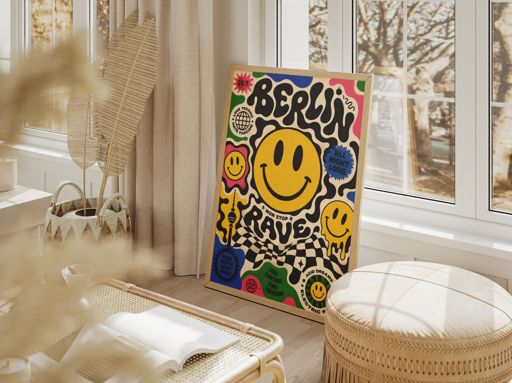 Berlin Rave Poster – Smiley Face Techno Wall Art | Acid House & Club Culture Print